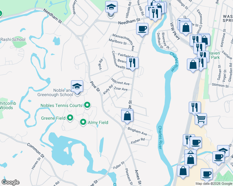 map of restaurants, bars, coffee shops, grocery stores, and more near 42 Zoar Avenue in Dedham