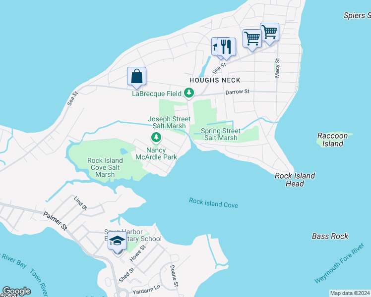 map of restaurants, bars, coffee shops, grocery stores, and more near 95 Rockland Street in Quincy