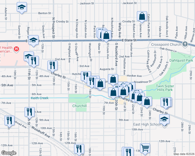 map of restaurants, bars, coffee shops, grocery stores, and more near 515 Shaw Street in Rockford