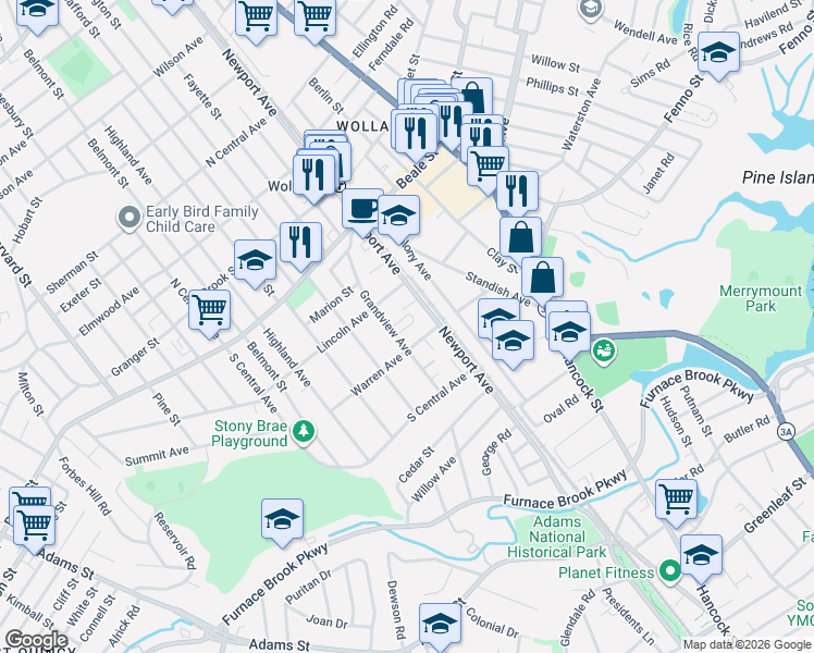map of restaurants, bars, coffee shops, grocery stores, and more near 100 Grandview Avenue in Quincy