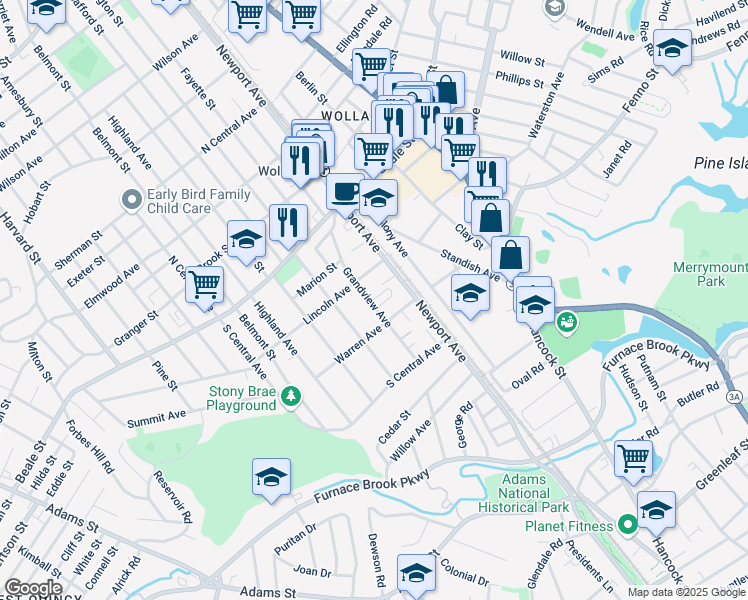 map of restaurants, bars, coffee shops, grocery stores, and more near 100 Grandview Avenue in Quincy