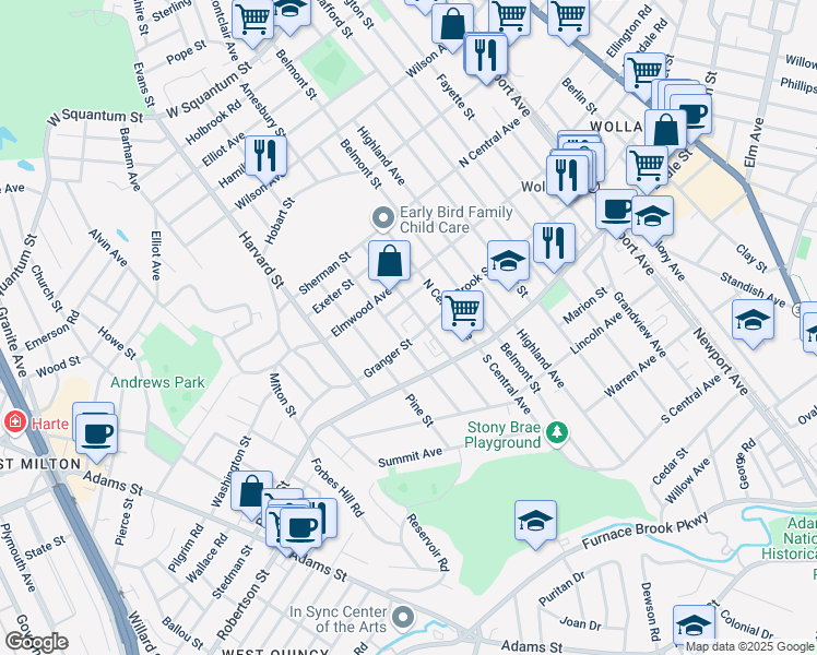 map of restaurants, bars, coffee shops, grocery stores, and more near 154 Norfolk Street in Quincy