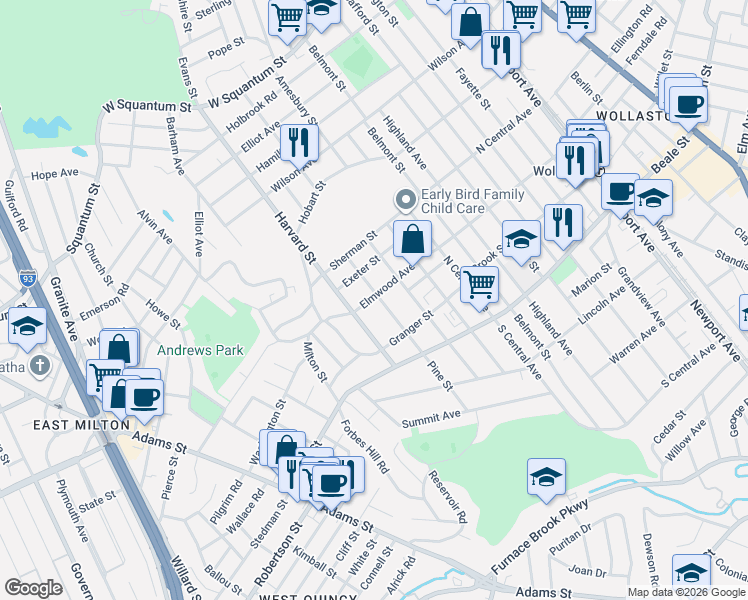 map of restaurants, bars, coffee shops, grocery stores, and more near 142 Pine Street in Quincy
