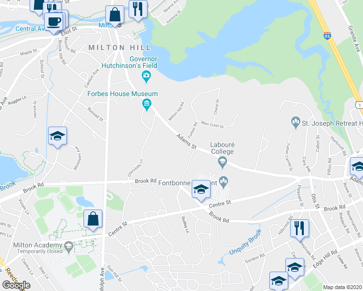 map of restaurants, bars, coffee shops, grocery stores, and more near 255 Adams Street in Milton