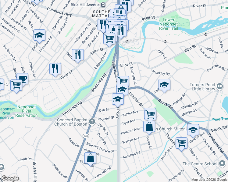 map of restaurants, bars, coffee shops, grocery stores, and more near 129 Blue Hills Parkway in Milton