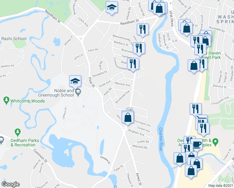 map of restaurants, bars, coffee shops, grocery stores, and more near 42 Zoar Avenue in Dedham