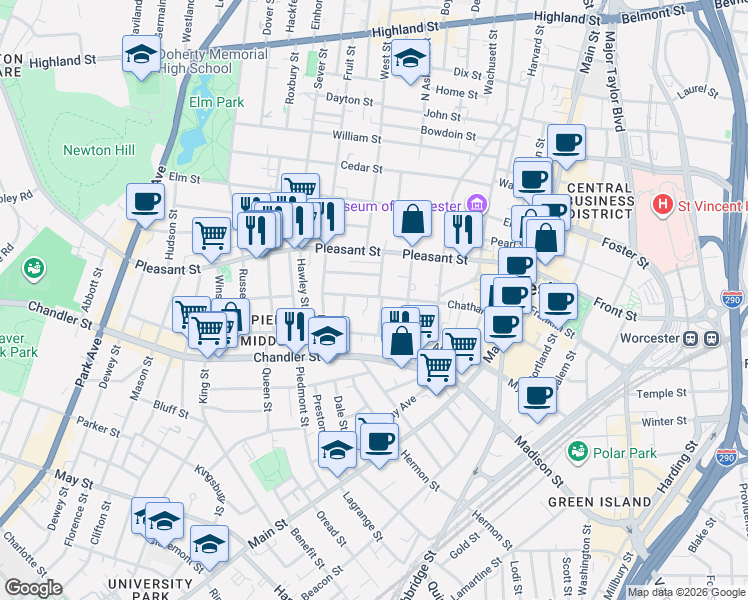 map of restaurants, bars, coffee shops, grocery stores, and more near 77 Chatham Street in Worcester