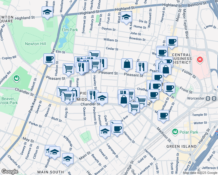 map of restaurants, bars, coffee shops, grocery stores, and more near 77 Chatham Street in Worcester