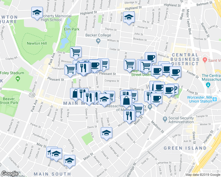 map of restaurants, bars, coffee shops, grocery stores, and more near 77 Chatham Street in Worcester