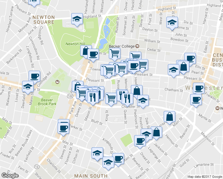map of restaurants, bars, coffee shops, grocery stores, and more near 9 Winslow Street in Worcester