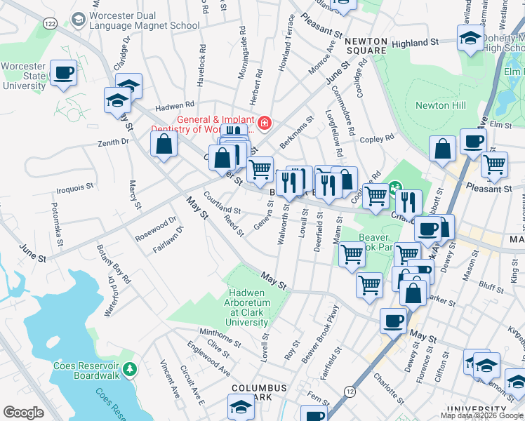 map of restaurants, bars, coffee shops, grocery stores, and more near 37 Courtland Street in Worcester