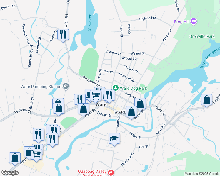 map of restaurants, bars, coffee shops, grocery stores, and more near 56 North Street in Ware