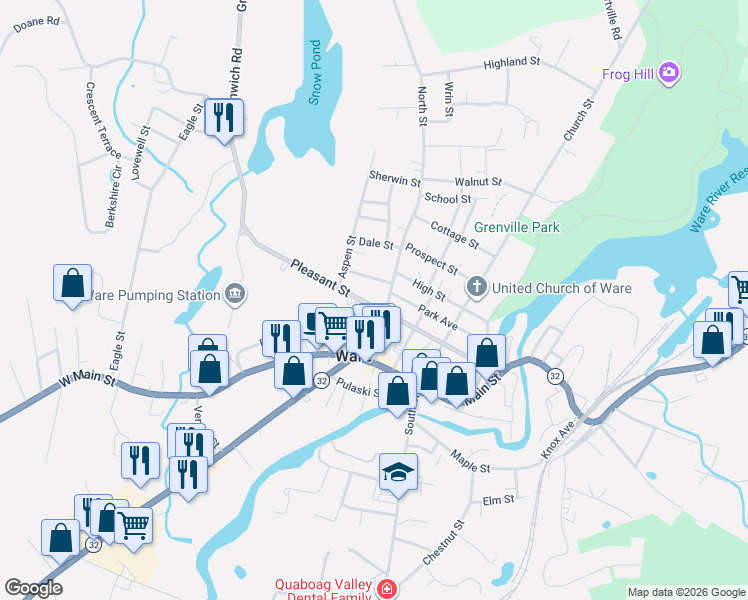 map of restaurants, bars, coffee shops, grocery stores, and more near 56 North Street in Ware