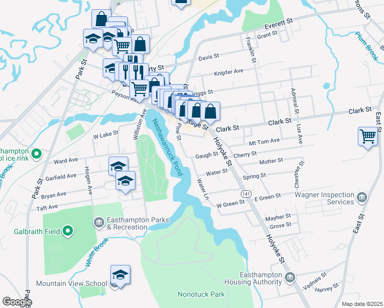 map of restaurants, bars, coffee shops, grocery stores, and more near 11 Gaugh Street in Easthampton