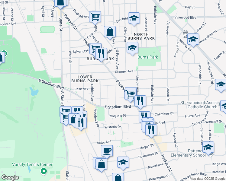 map of restaurants, bars, coffee shops, grocery stores, and more near 1512 Montclair Place in Ann Arbor