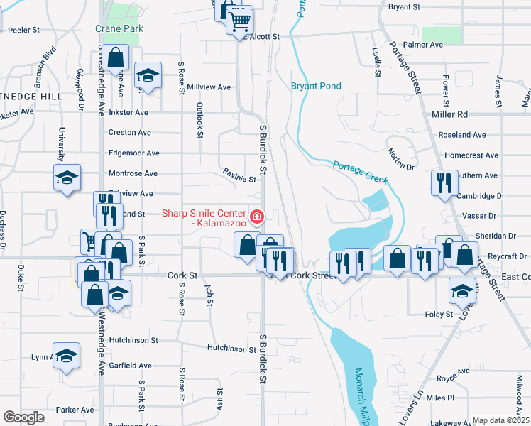 map of restaurants, bars, coffee shops, grocery stores, and more near 2831 South Burdick Street in Kalamazoo