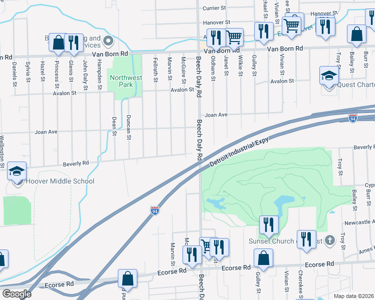 map of restaurants, bars, coffee shops, grocery stores, and more near 6395 McGuire Street in Taylor