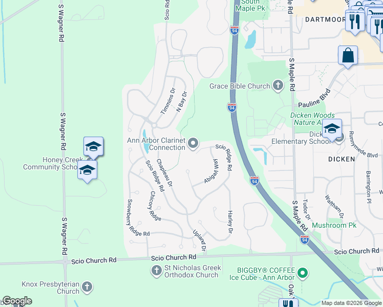 map of restaurants, bars, coffee shops, grocery stores, and more near 1441 Scio Ridge Road in Ann Arbor