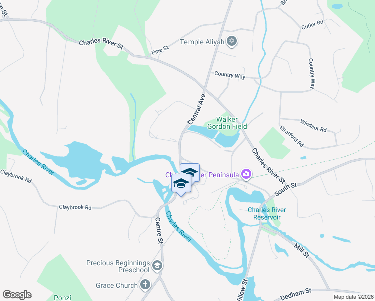 map of restaurants, bars, coffee shops, grocery stores, and more near 1886 Central Ave in Needham