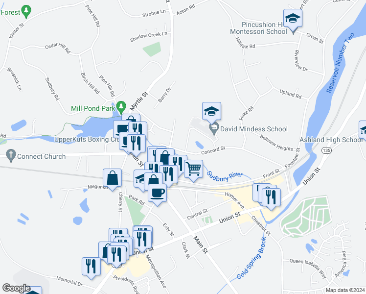 map of restaurants, bars, coffee shops, grocery stores, and more near 84 Concord Street in Ashland