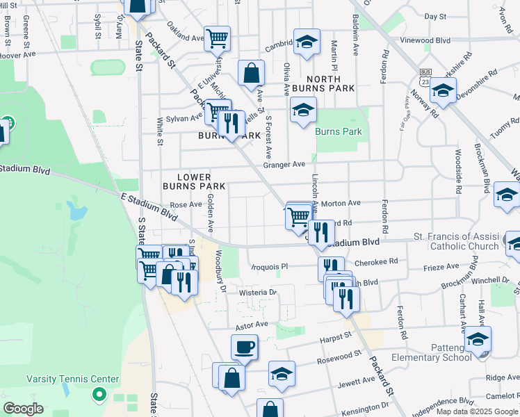 map of restaurants, bars, coffee shops, grocery stores, and more near 1512 Montclair Place in Ann Arbor