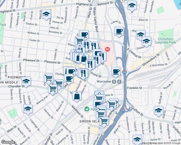 map of restaurants, bars, coffee shops, grocery stores, and more near 142 Front Street in Worcester