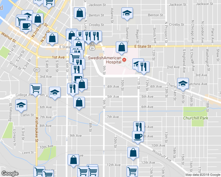 map of restaurants, bars, coffee shops, grocery stores, and more near 1319 4th Avenue in Rockford