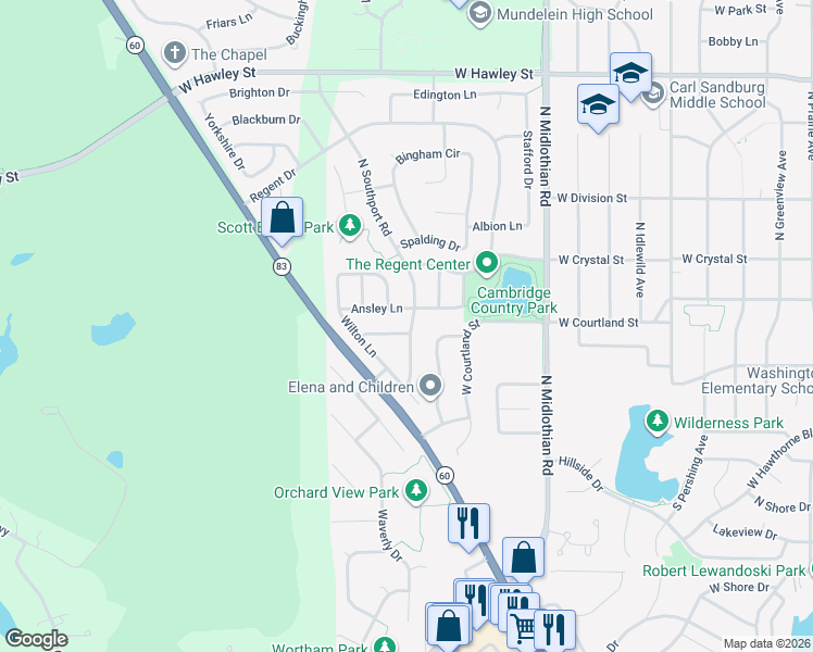 map of restaurants, bars, coffee shops, grocery stores, and more near 1402 Trescott Street in Mundelein