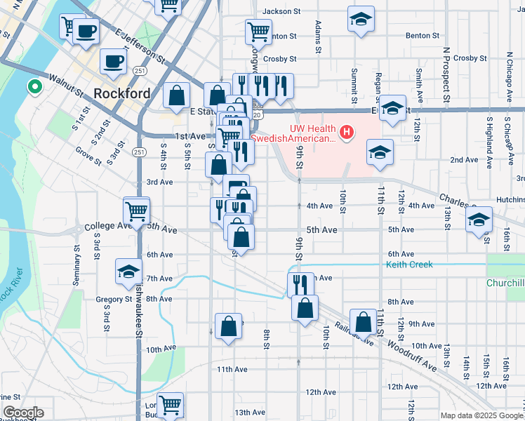 map of restaurants, bars, coffee shops, grocery stores, and more near 1137 4th Avenue in Rockford