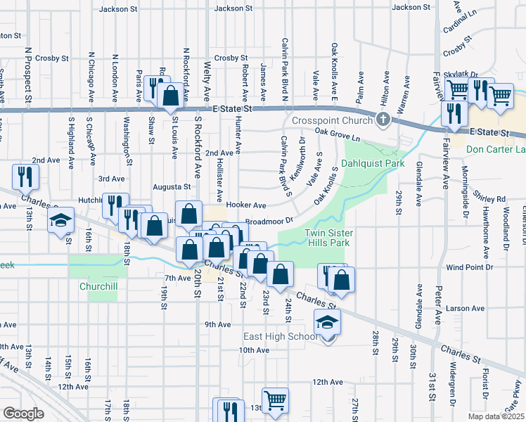 map of restaurants, bars, coffee shops, grocery stores, and more near 2633 Hooker Avenue in Rockford