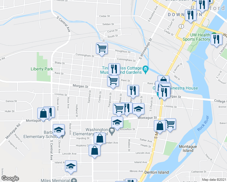 map of restaurants, bars, coffee shops, grocery stores, and more near 1102 Ferguson St in Rockford