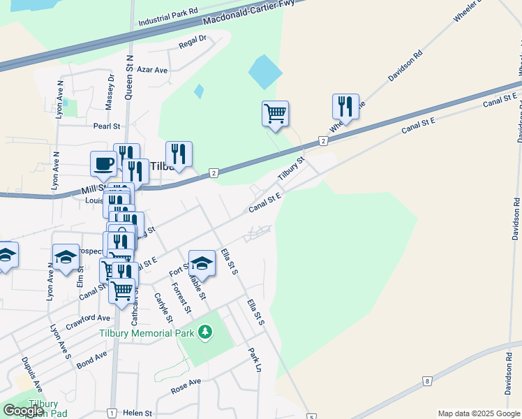 map of restaurants, bars, coffee shops, grocery stores, and more near 73 Canal Street East in Tilbury