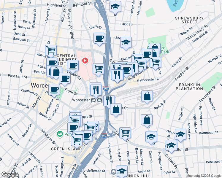 map of restaurants, bars, coffee shops, grocery stores, and more near 33 Shrewsbury Street in Worcester