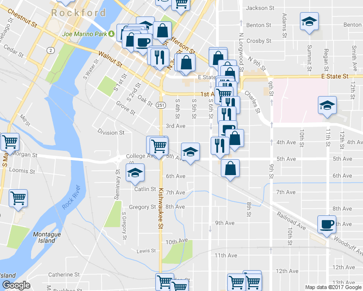 map of restaurants, bars, coffee shops, grocery stores, and more near 508 South 4th Street in Rockford