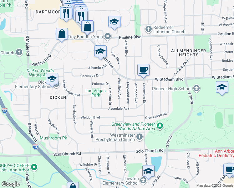 map of restaurants, bars, coffee shops, grocery stores, and more near 1496 Westfield Avenue in Ann Arbor