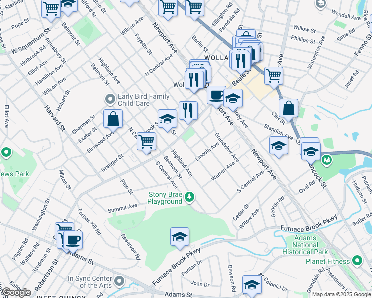 map of restaurants, bars, coffee shops, grocery stores, and more near 23 Prospect Avenue in Quincy