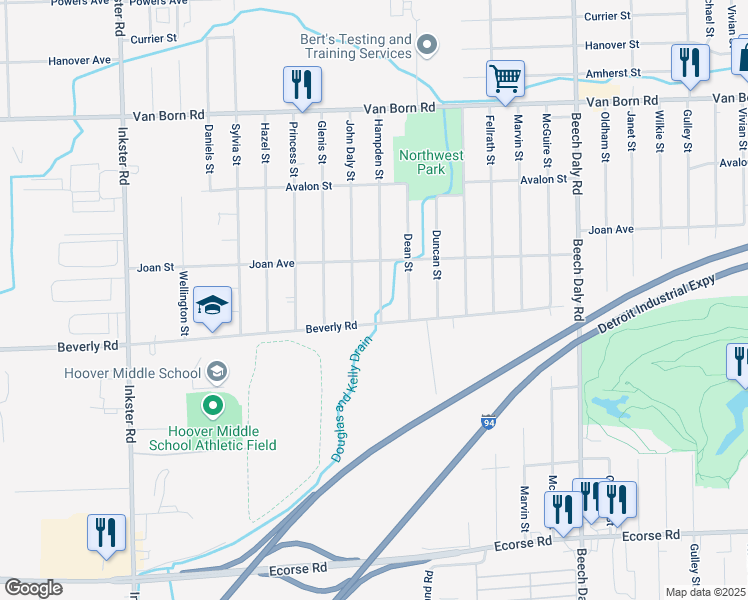 map of restaurants, bars, coffee shops, grocery stores, and more near 6362 Hampden Street in Taylor