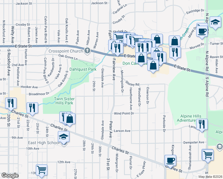 map of restaurants, bars, coffee shops, grocery stores, and more near 415 Fairview Avenue in Rockford