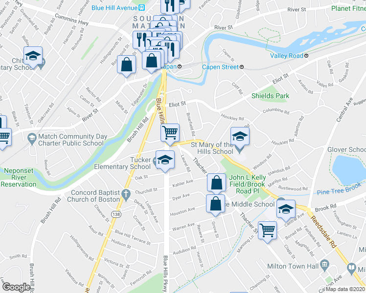map of restaurants, bars, coffee shops, grocery stores, and more near 10 Thacher Street in Milton