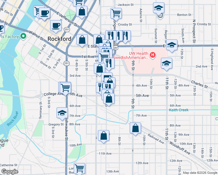 map of restaurants, bars, coffee shops, grocery stores, and more near 502 7th Street in Rockford