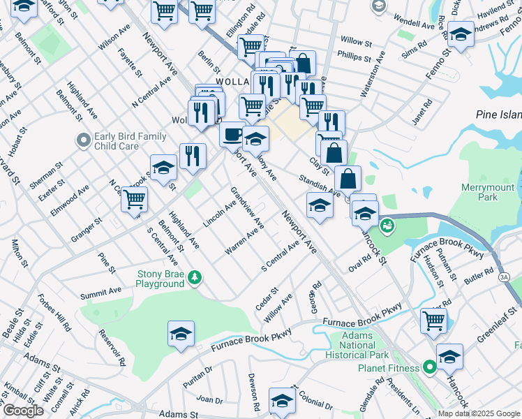 map of restaurants, bars, coffee shops, grocery stores, and more near 100 Grandview Avenue in Quincy