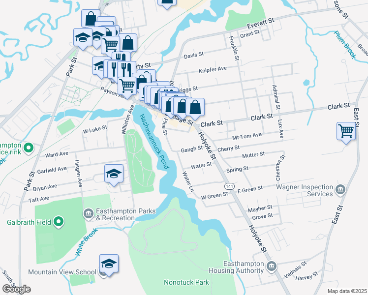 map of restaurants, bars, coffee shops, grocery stores, and more near 11 Gaugh Street in Easthampton