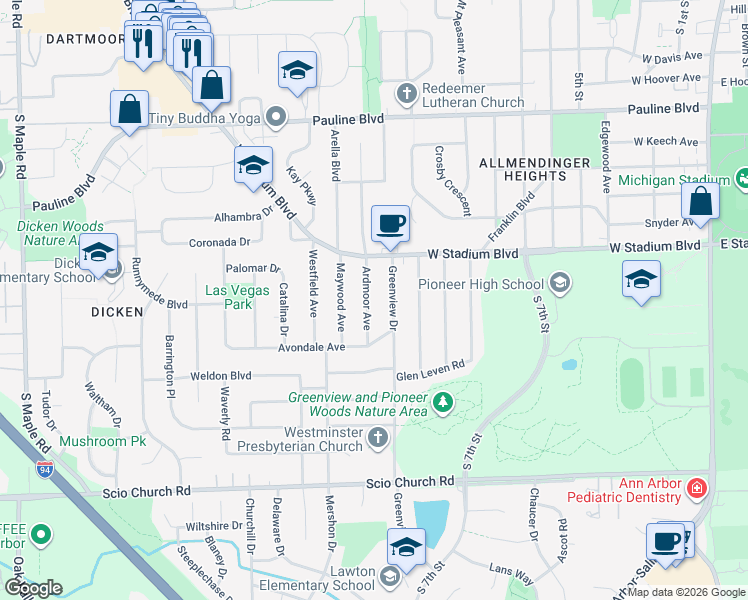 map of restaurants, bars, coffee shops, grocery stores, and more near 1489 Ardmoor Avenue in Ann Arbor