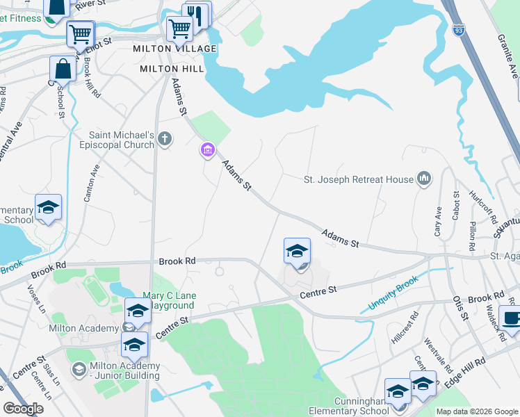 map of restaurants, bars, coffee shops, grocery stores, and more near 255 Adams Street in Milton