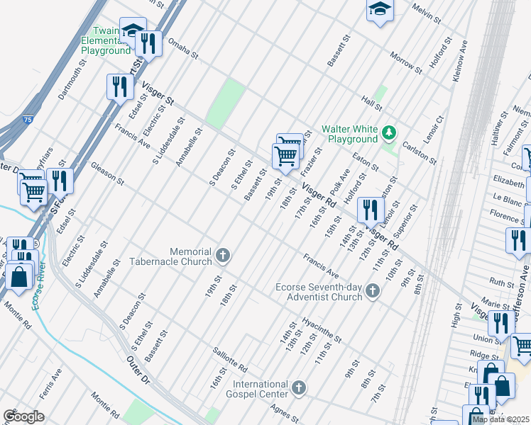 map of restaurants, bars, coffee shops, grocery stores, and more near 3807 19th St in Ecorse