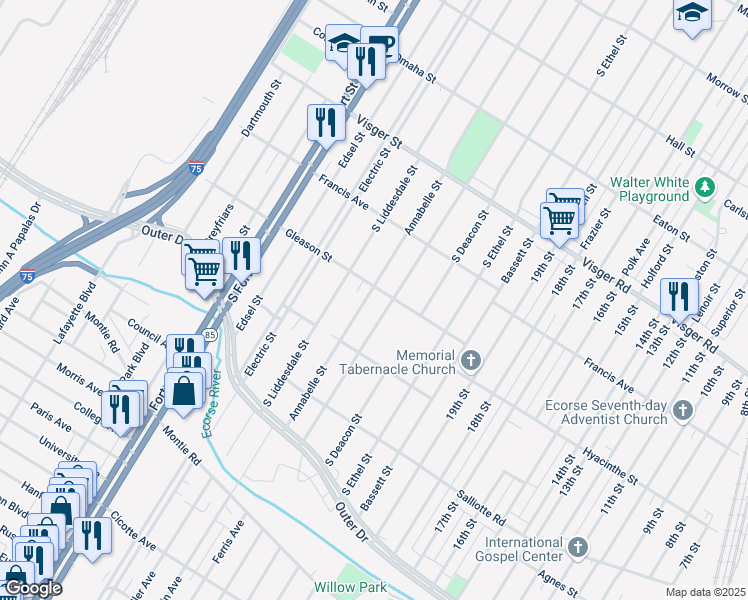 map of restaurants, bars, coffee shops, grocery stores, and more near 3300 South Beatrice Street in Detroit