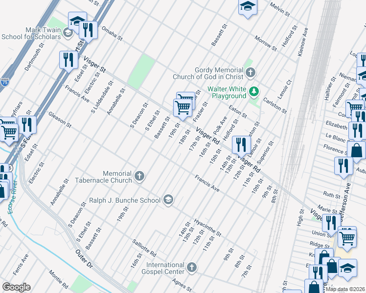 map of restaurants, bars, coffee shops, grocery stores, and more near 3779 18th St in Ecorse