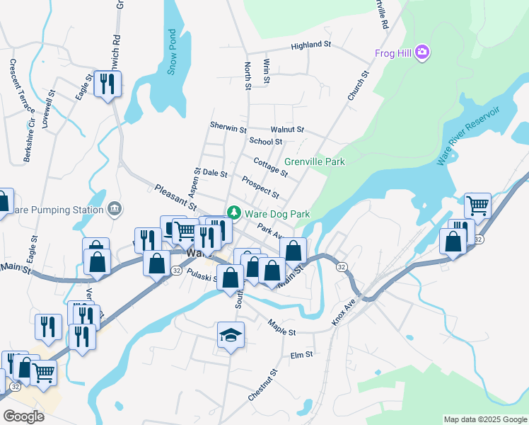 map of restaurants, bars, coffee shops, grocery stores, and more near 7 High Street in Ware