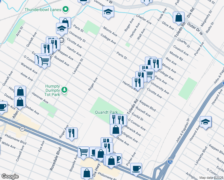map of restaurants, bars, coffee shops, grocery stores, and more near 2216 Russell Avenue in Lincoln Park