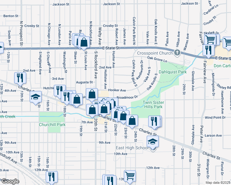 map of restaurants, bars, coffee shops, grocery stores, and more near 504 Hunter Avenue in Rockford